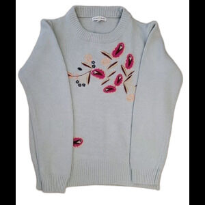 Womens Crewneck Sweater Medium Blue Embroidered Floral Cottage Core Granny Boho